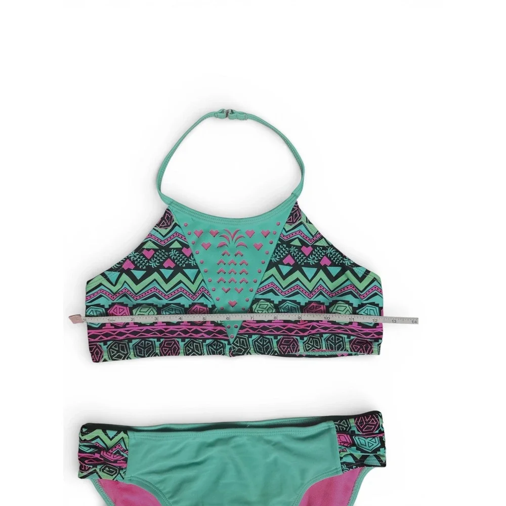 Girls Two Piece Bikini Swimsuit Turquoise Pink Tribal Print Halter Swim‎ Set